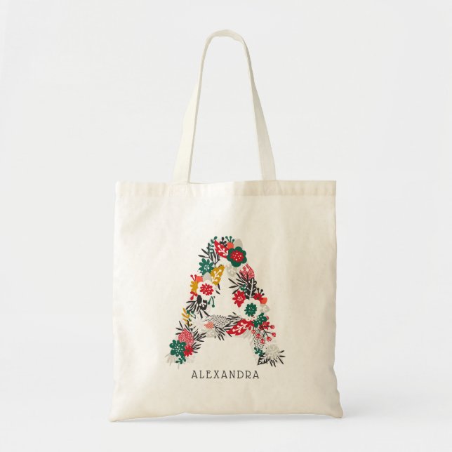 Bolso De Tela Letra A | Letra floral sinusal monograma I (Frente)