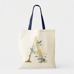Bolso De Tela Letra A Monograma Dorado Flores Acuarela Azul