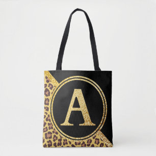 Bolso De Tela Letra a monograma Leopardo Imprimir oro y negro