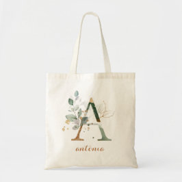 Bolso De Tela Letra "A" personalizada de follaje de oro de verde