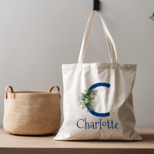 Bolso De Tela Letra acuarela elegante flor azul