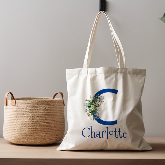 Bolso De Tela Letra acuarela elegante flor azul (Subido por el creador)