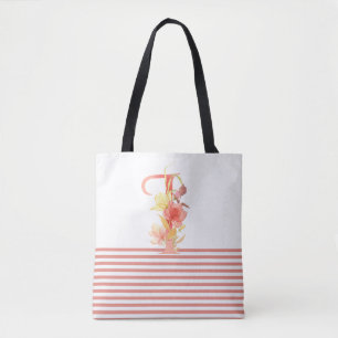 Bolso De Tela Letra acuarela floral "I" banda rosa