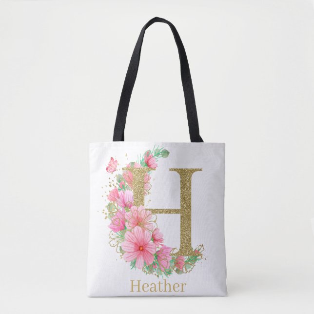 Bolso De Tela Letra acuarela oro y monograma floral H (Anverso)