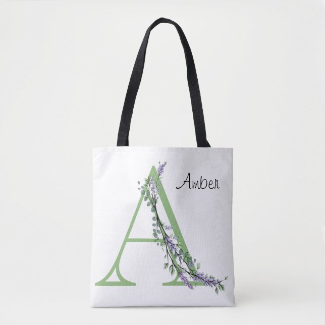 Bolso De Tela Letra alfabética A Lavender Eucalyptus acuarela (Anverso)