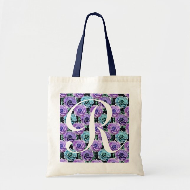 Bolso De Tela Letra azul R de ToteBag de los rosas del monograma (Frente)