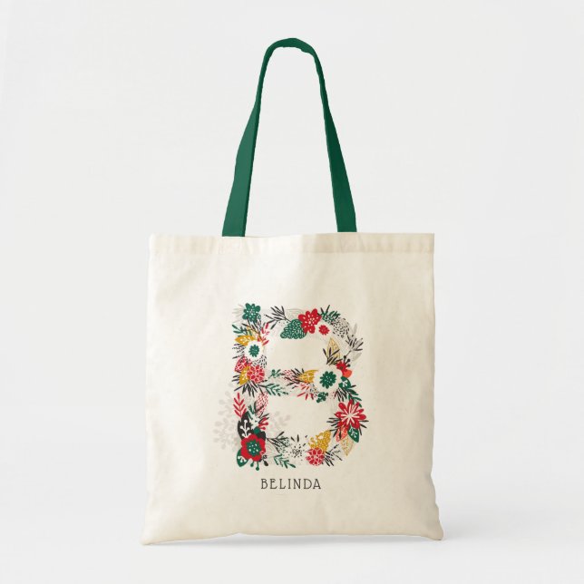 Bolso De Tela Letra B | Letra floral sinusal monograma I (Frente)