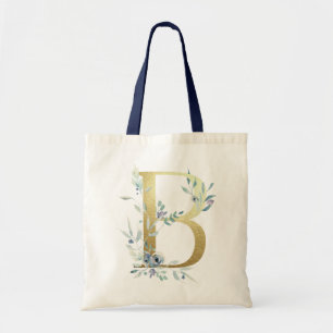 Bolso De Tela Letra B Monograma Dorado Flores Acuarela Azules