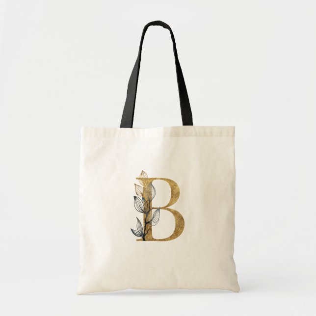 Bolso De Tela *~* Letra B Monograma dorado hojas negras iniciale (Frente)