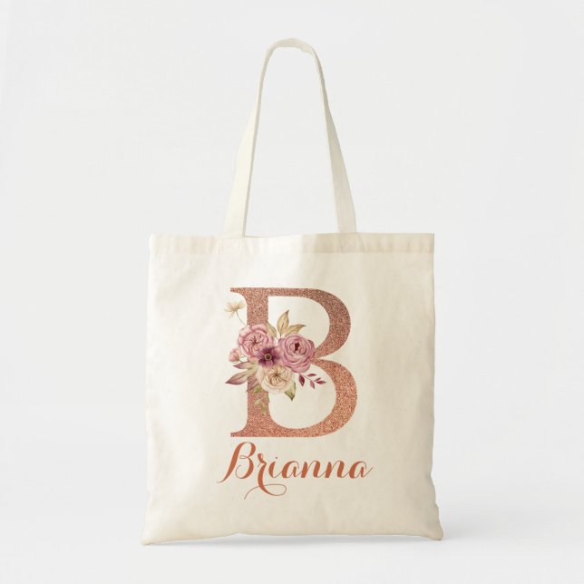 Bolso De Tela Letra B Rosa brillo Monograma floral  (Frente)