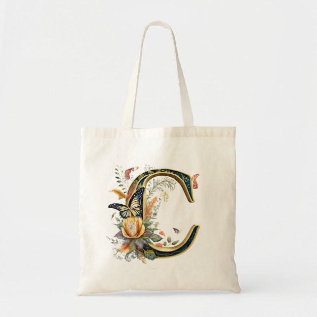 Bolso De Tela Letra bohemia floral elegante C (Frente)