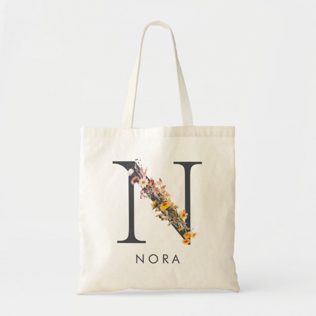 Bolso De Tela Letra Boho Wildflower Monograma N (Frente)