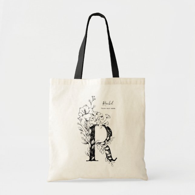 Bolso De Tela Letra botánica floral R rústica monogramada (Frente)