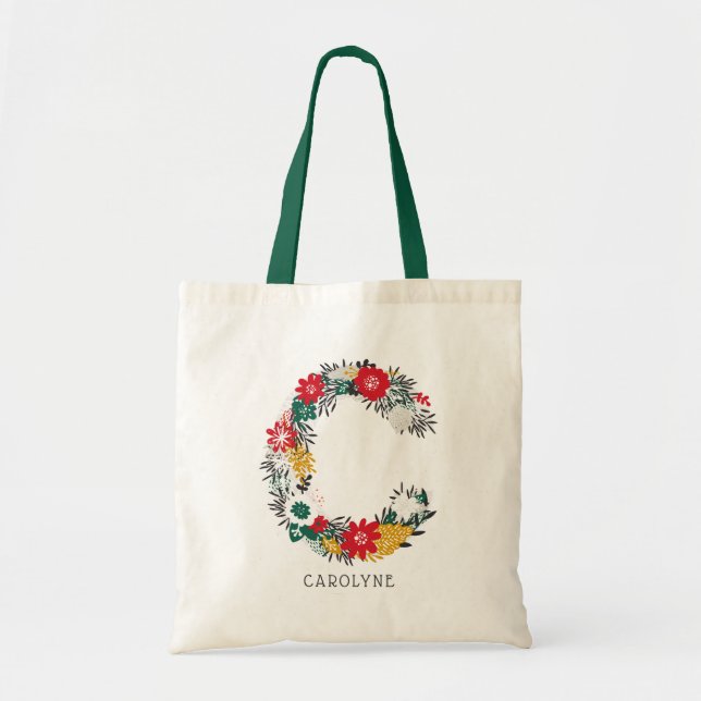 Bolso De Tela Letra C | Letra floral sinusal monograma I (Frente)