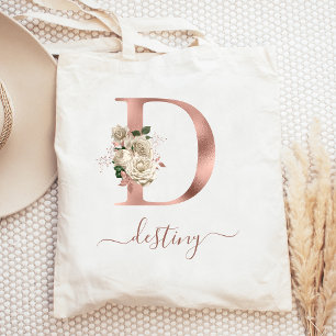 Bolso De Tela Letra D de Monograma Floral Marfil Rosa Dorado