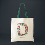 Bolso De Tela Letra D | Letra floral sinusal monograma I<br><div class="desc">Bolsa monograma de letras florales fantásticas,  festivas y elegantes con flores en follaje rojo,  verde,  dorado y gris. Hay otros colores y letras disponibles. Letra D</div>