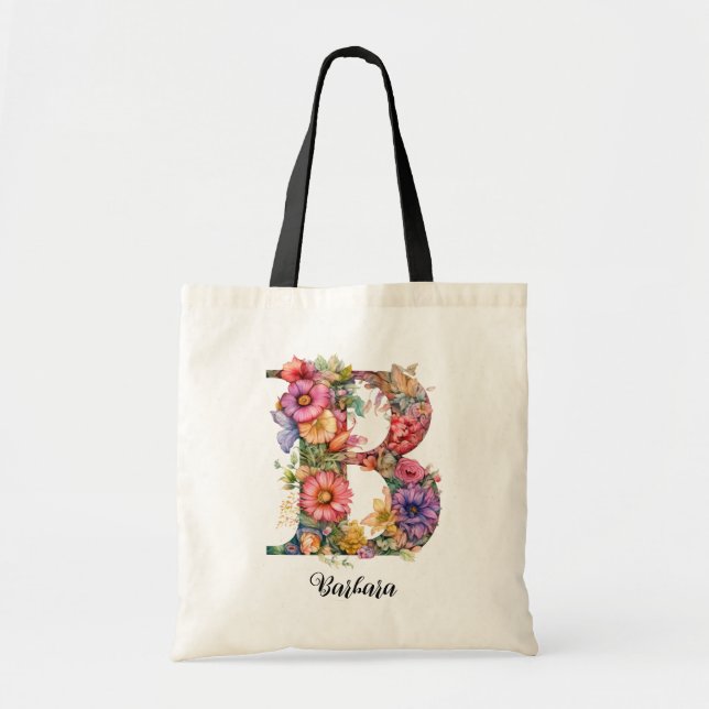 Bolso De Tela Letra de moda B | Monograma de la letra floral cap (Frente)