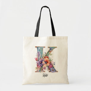 Bolso De Tela Letra de moda K Monograma de la letra floral cap