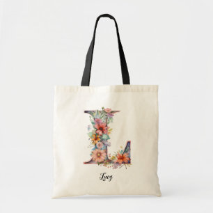 Bolso De Tela Letra de moda L   Monograma de la letra floral cap