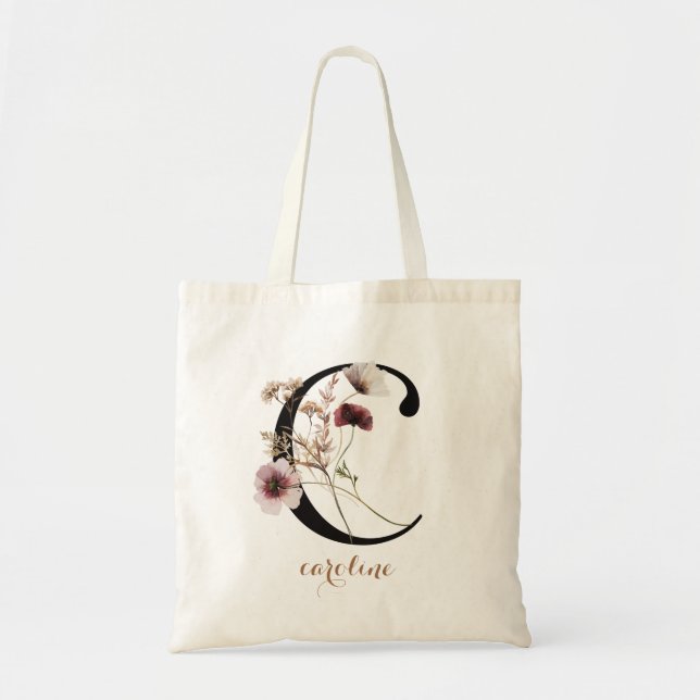 Bolso De Tela Letra de monograma personalizada moderna floral "C (Frente)