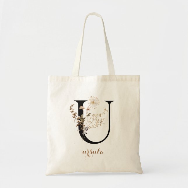 Bolso De Tela Letra de monograma personalizada moderna floral "U (Frente)