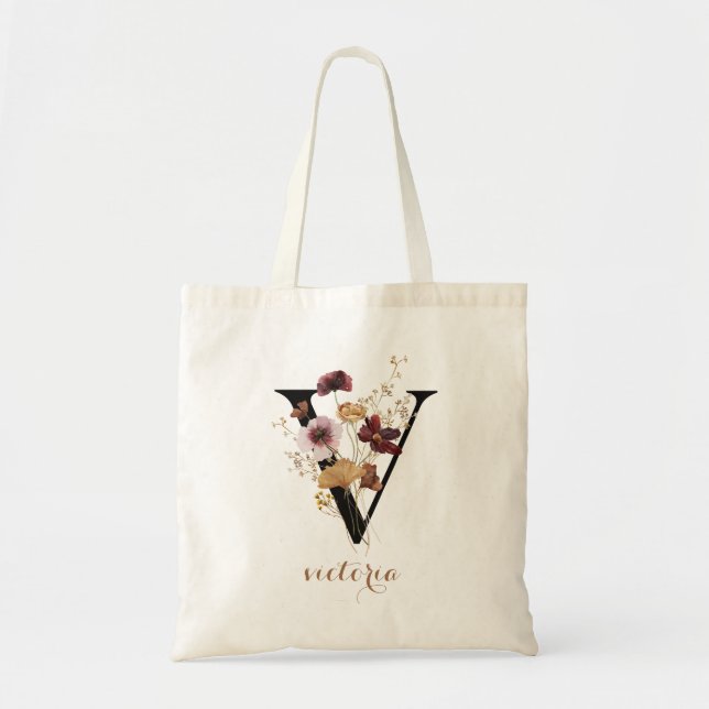 Bolso De Tela Letra de monograma personalizada moderna floral "V (Frente)