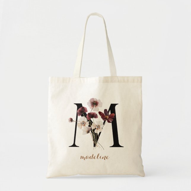 Bolso De Tela Letra de monograma personalizado moderno floral "M (Frente)