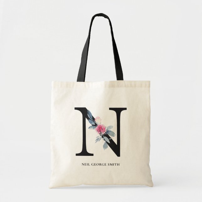 BOLSO DE TELA LETRA DE NOMBRE DE ALFABETAS DE FLORES AZULES DE R (Frente)