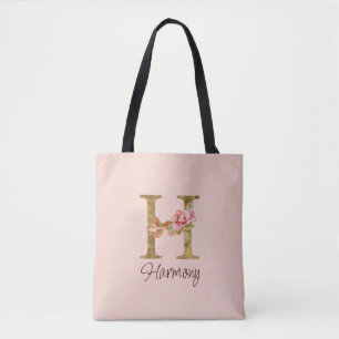 Bolso De Tela Letra de nombre personalizado H Lámina de oro Rosa