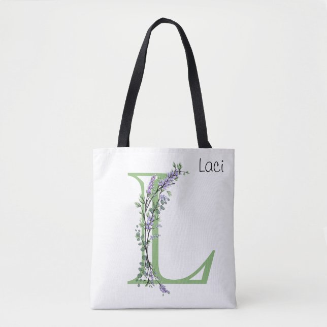 Bolso De Tela Letra del alfabeto L acuarela Lavanda Eucalipto (Anverso)