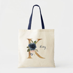 Bolso De Tela Letra dorada moderna K Purpurina floral personaliz