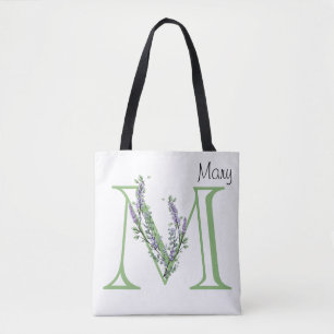 Bolso De Tela Letra elegante del alfabeto M Lavender Eucalyptus