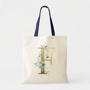 Bolso De Tela Letra F Monograma Dorado Flores Acuarela Azul