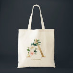 Bolso De Tela Letra falsa Relieve metalizado dorado floral a mon<br><div class="desc">Bolsa de tetas floridas y elegantes con ilustraciones acuarelas de flores,  vegetación y un monograma falso de Relieve metalizado. Personalice agregando un nombre o una frase corta. Esta bolsa monogramo de lienzo floral será perfecta como regalo personalizado.</div>