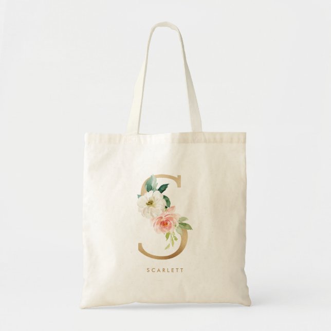 Bolso De Tela Letra falsa Relieve metalizado dorado floral S mon (Frente)