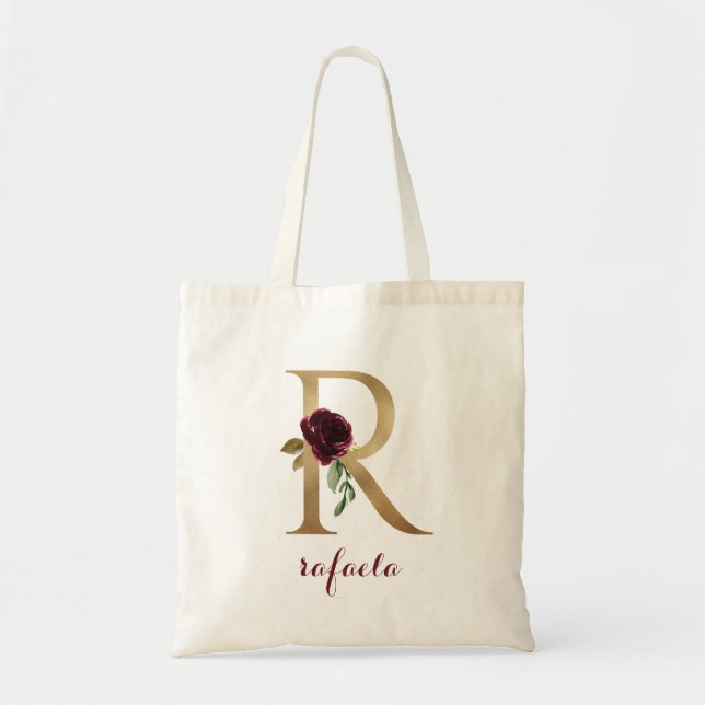 Bolso De Tela Letra floral burgundy Rubor Gold Monograma "R" (Frente)