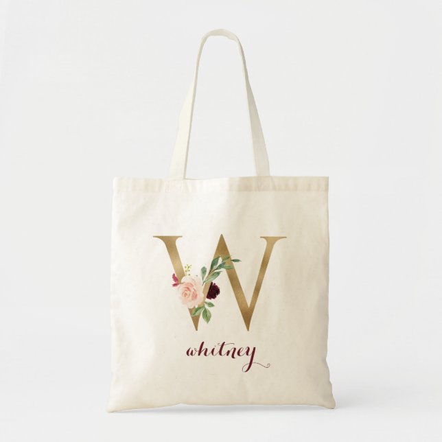 Bolso De Tela Letra floral burgundy Rubor Gold Monograma "W" (Frente)