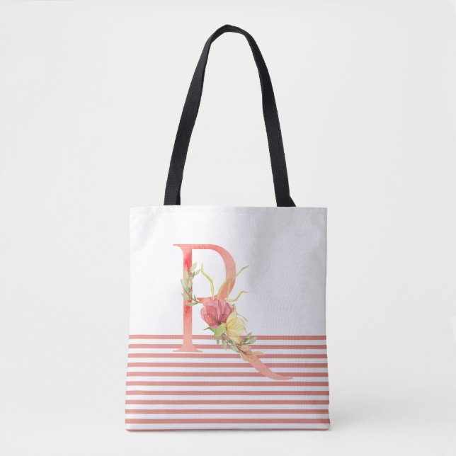 Bolso De Tela Letra floral color agua de bonito "R" banda rosa (Anverso)