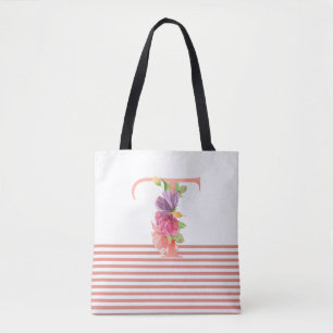 Bolso De Tela Letra floral color agua de bonito "T" banda rosa