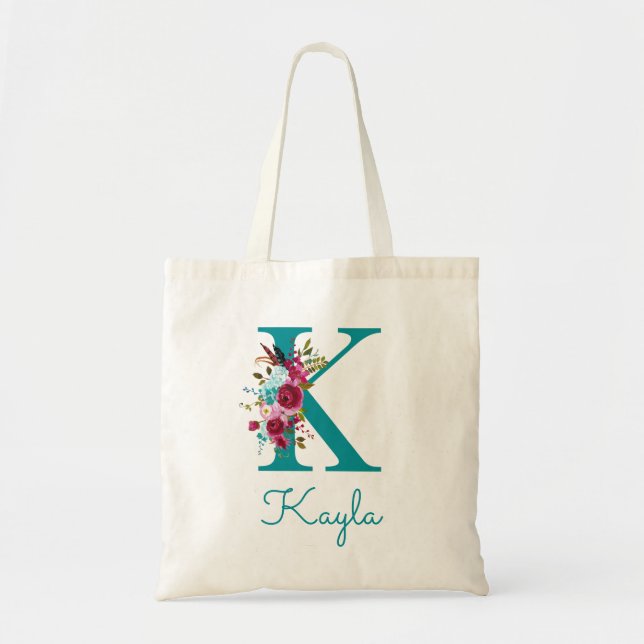 Bolso De Tela Letra floral K guión monograma rosa Verde azulado (Frente)