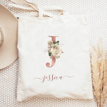 Bolso De Tela Letra floral marfil Rosa oro monograma J<br><div class="desc">Esta elegante bolsa de tocador incluye un monograma de letra "J" en un falso Relieve metalizado de oro rosa, decorado con un ramo de marfil floral vintage adornado con follaje de oro verde y rosa. Personalízalo con su nombre en escritura de escritura a mano de oro rosa, con florecientes al...</div>