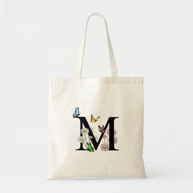 Bolso De Tela Letra floral mariposa M Monograma (Frente)