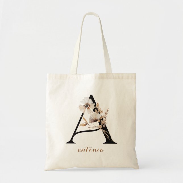 Bolso De Tela Letra floral moderna personalizada de monograma "A (Frente)