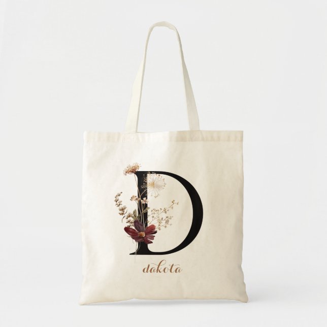 Bolso De Tela Letra floral moderna personalizada Monograma "D" (Frente)