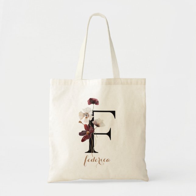 Bolso De Tela Letra floral moderna personalizada Monograma "F" (Frente)