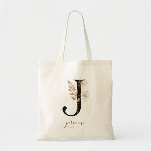 Bolso De Tela Letra floral moderna personalizada monograma "J" (Frente)