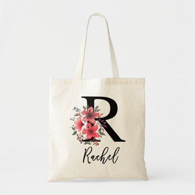 Bolso De Tela Letra floral negra R Monograma con nombre personal (Frente)