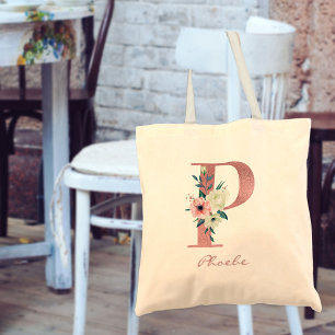 Bolso De Tela Letra floral P acuarela rosa y marfil Bouquet
