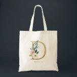 Bolso De Tela Letra floral peónica D oro Monograma dama de honor<br><div class="desc">Floral D monogram tote bag presenta un ramo floral de color de agua de peonías y rosas blancos y rosados, acento verde y letra falsa de Relieve metalizado dorado. Esta bolsa de tote con monograma de dama de honor floral D es perfecta para bodas, duchas, cumpleaños y mucho más. Personalice...</div>