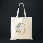 Bolso De Tela Letra floral peónica G Monograma dorado dama de ho<br><div class="desc">La letra floral G monogram tote bag incluye un ramo floral de color agua de peonías y rosas blancos y rosados, acento verde y letra falsa de Relieve metalizado dorado. Esta letra G monograma de la dama de honor floral es perfecta para bodas, duchas, cumpleaños y mucho más. Personalice agregando...</div>